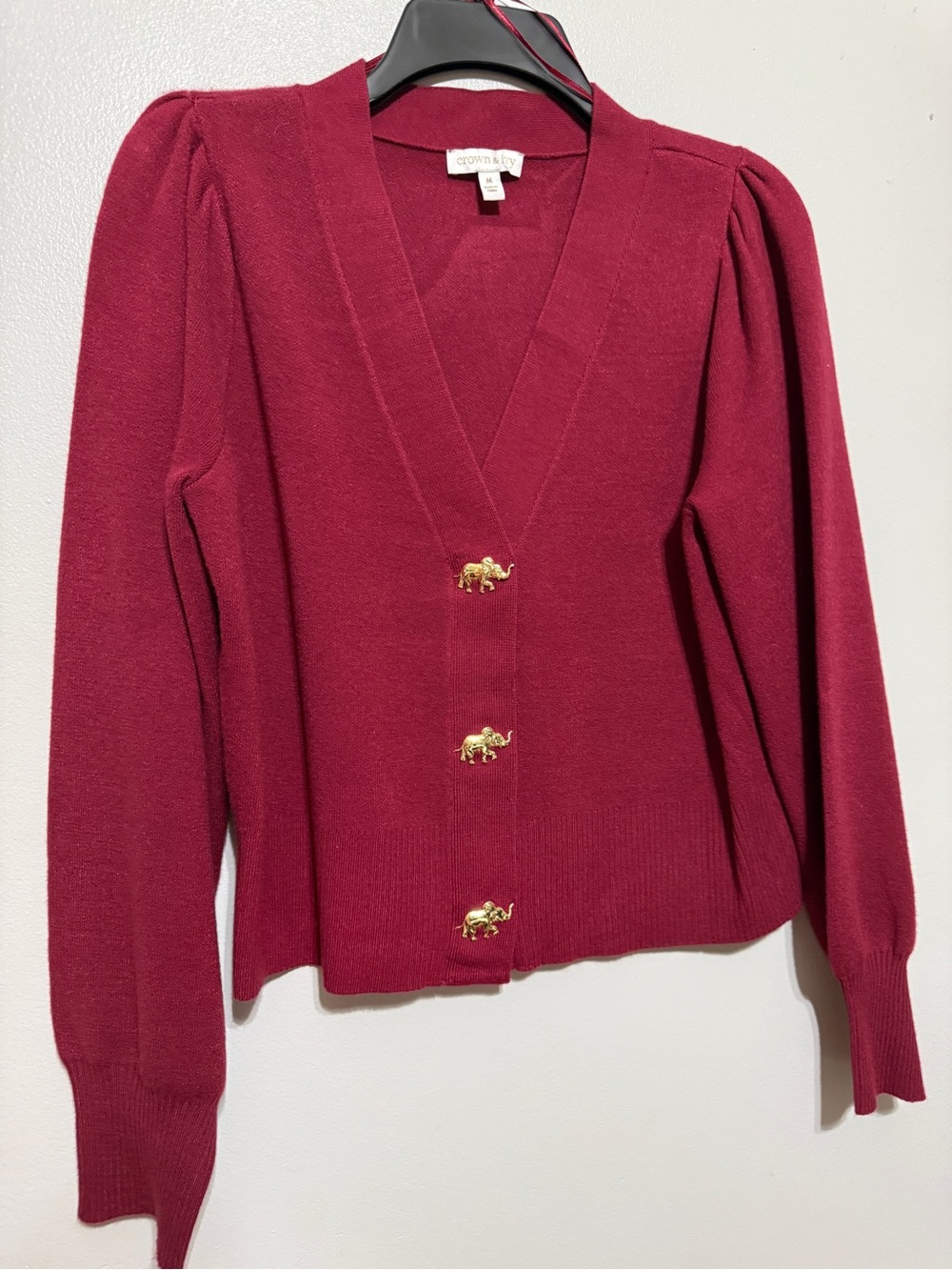crown & ivy ruby red V-neck Cardigan with Gold Elephant Buttons
